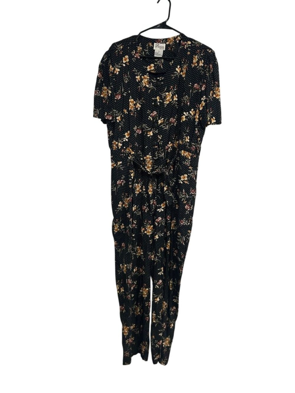 Darian 16 Petite Black Floral Polka Dot Jumpsuit Tie Waist Whimsical Retro